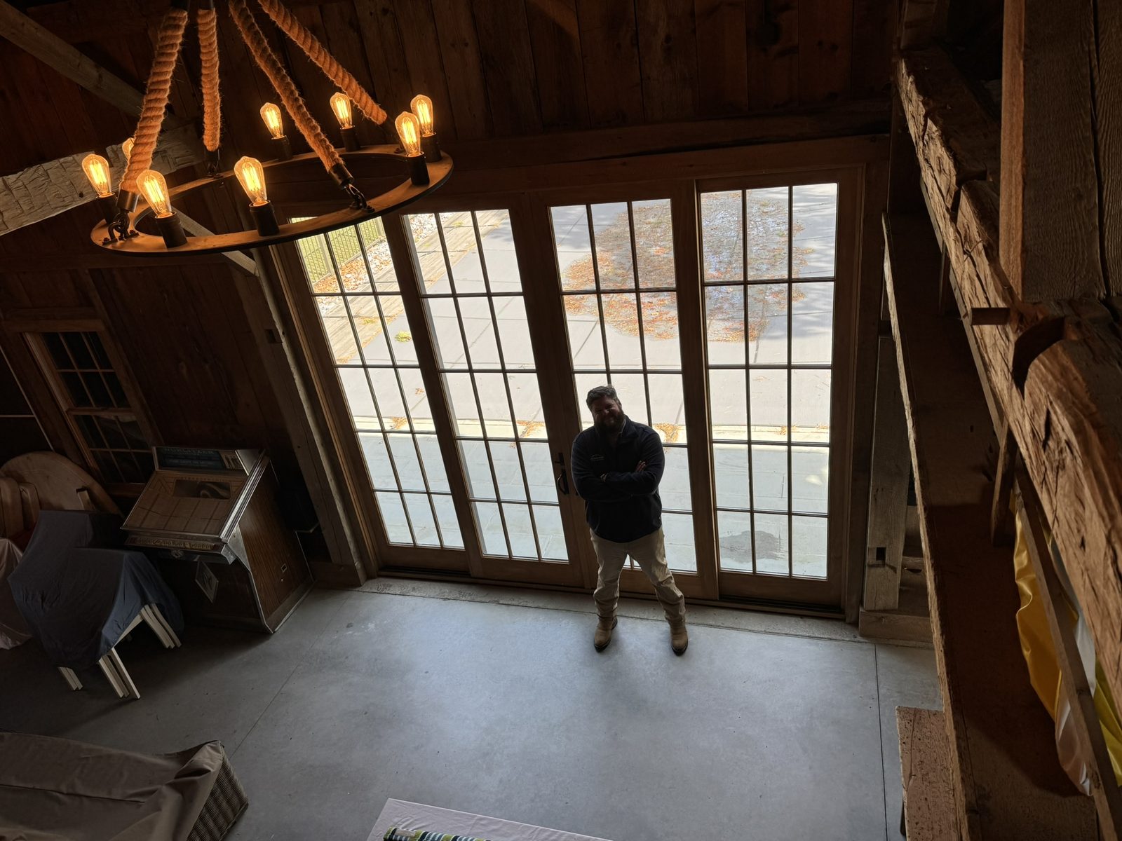 Post and beam barn with French door installation